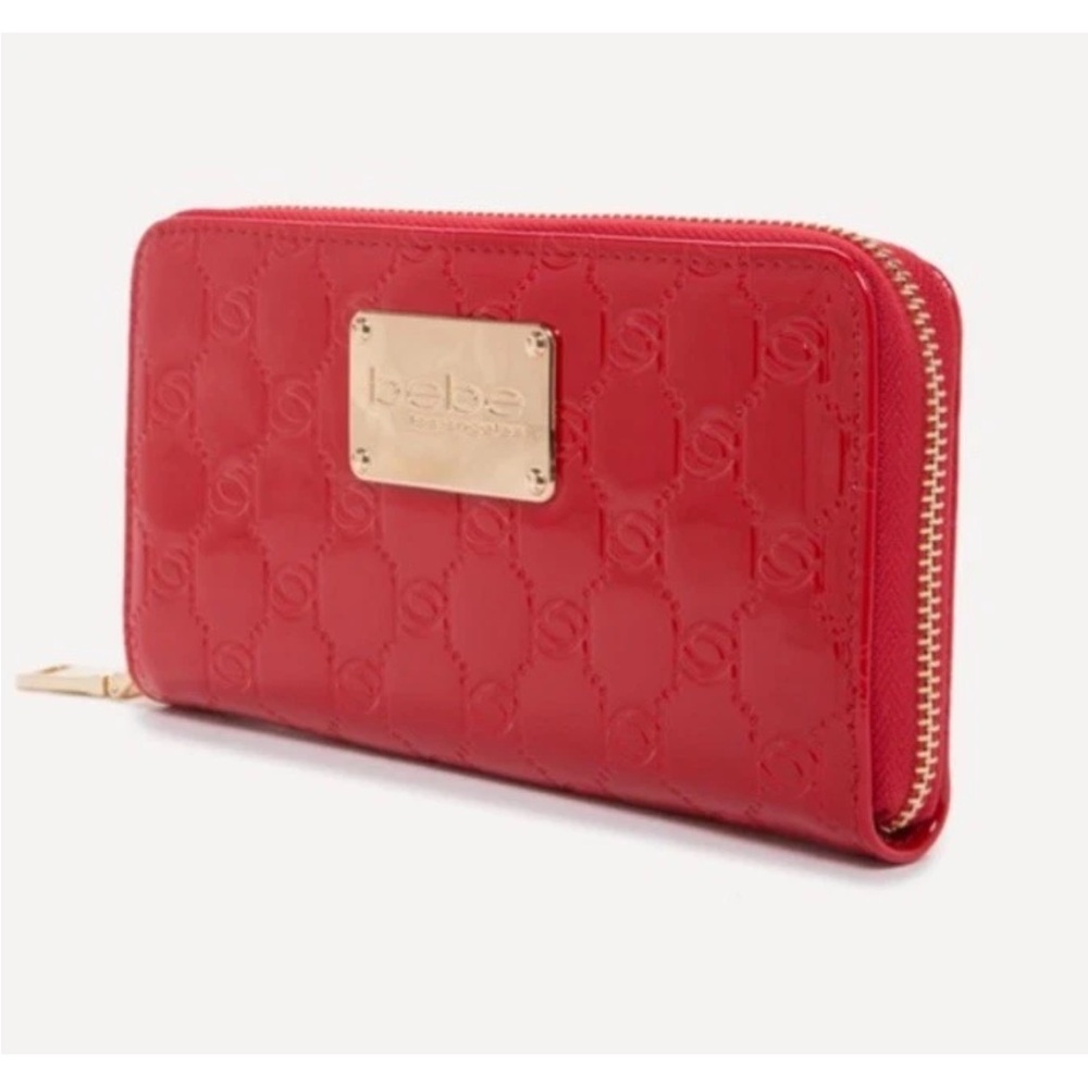 Bebe Embossed Red Wallet with Gold Hardware